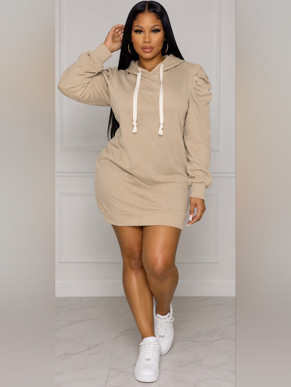 SHEIN Beige Hoodie Mini Dress with Drawstring